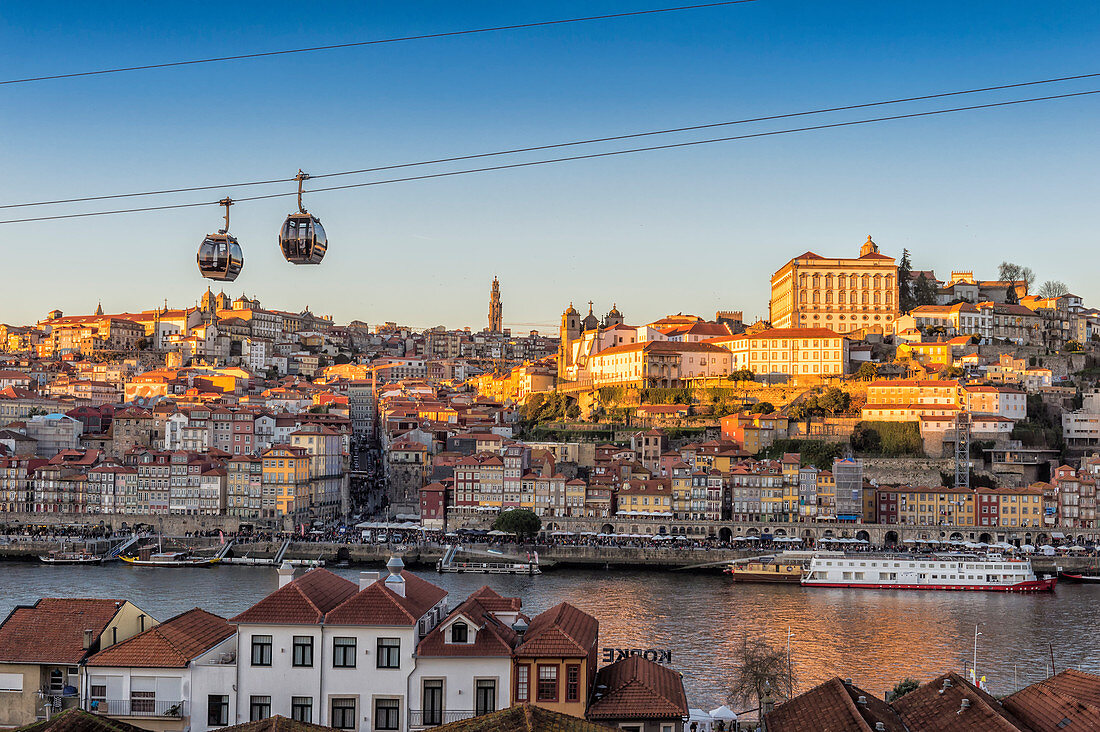 Sunset over Ribeira district and former Episcopal Palace, UNESCO World Heritage Site, Porto, Portugal, Europe