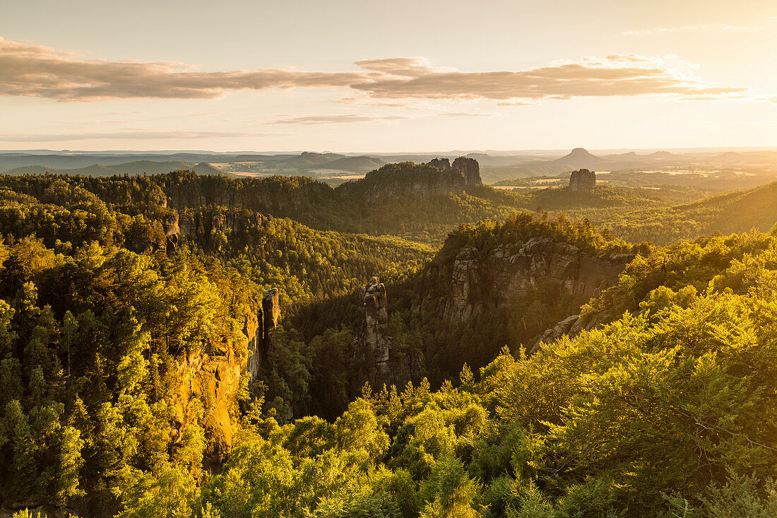 View over Carolafelsen Rocks at sunset, Elbsandstein Mountains, Saxony Switzerland National Park, Saxony, Germany, Europe