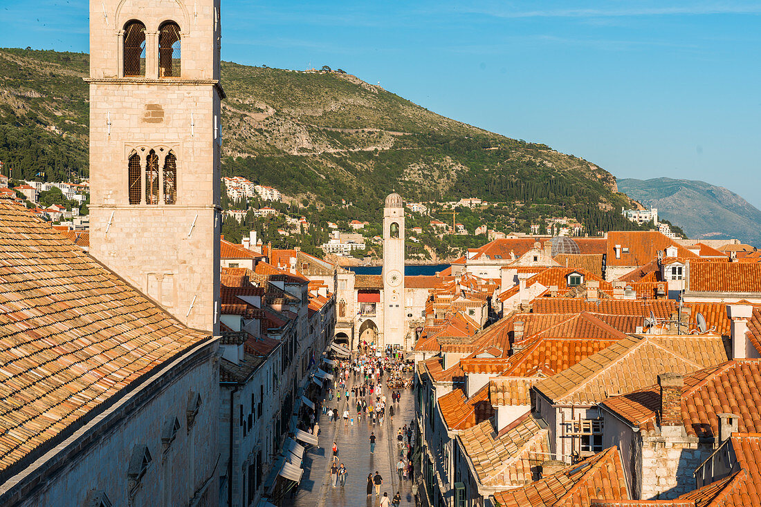 View down Stradun from the city walls, UNESCO World Heritage Site, Dubrovnik, Croatia, Europe