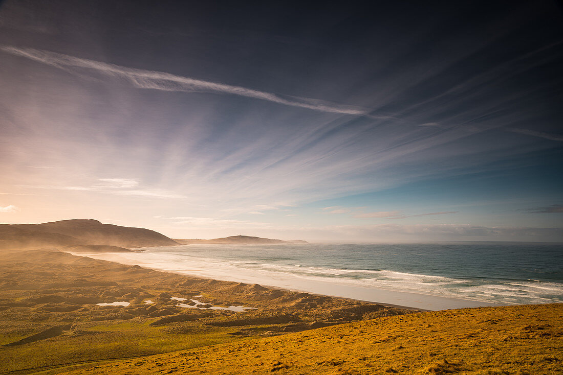 Traigh Eais looking south, as seen from Beinn Eolaigearraidh Mhor, Barra, Outer Hebrides, Scotland, United Kingdom, Europe