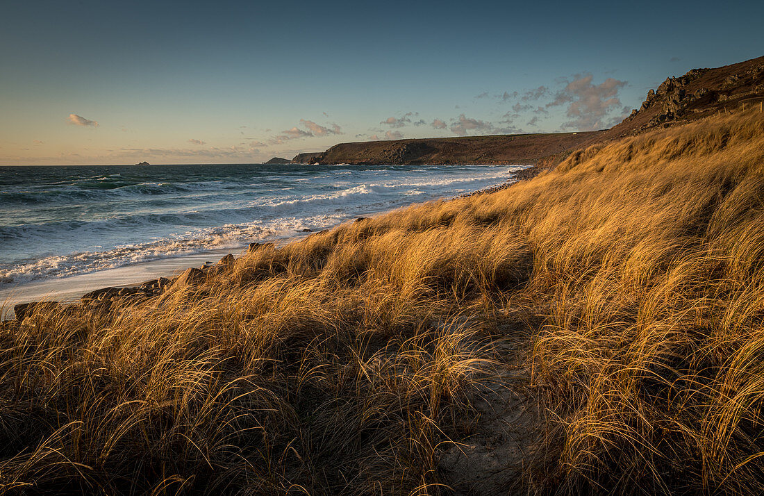 Brissons and Cape Cornwal in the far distance in the late afternoon, Sennen Beach, Sennen, Cornwall, England, United Kingdom, Europe