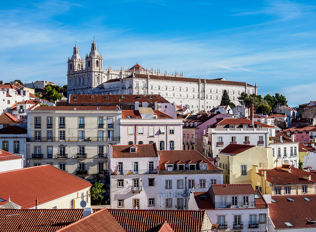 View towards the Monastery of Sao Vicente de Fora, Miradouro das Portas do Sol, Alfama, Lisbon, Portugal, Europe