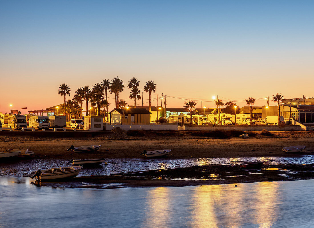 Ilha de Faro at dusk, Ria Formosa Natural Park, Faro, Algarve, Portugal, Europe