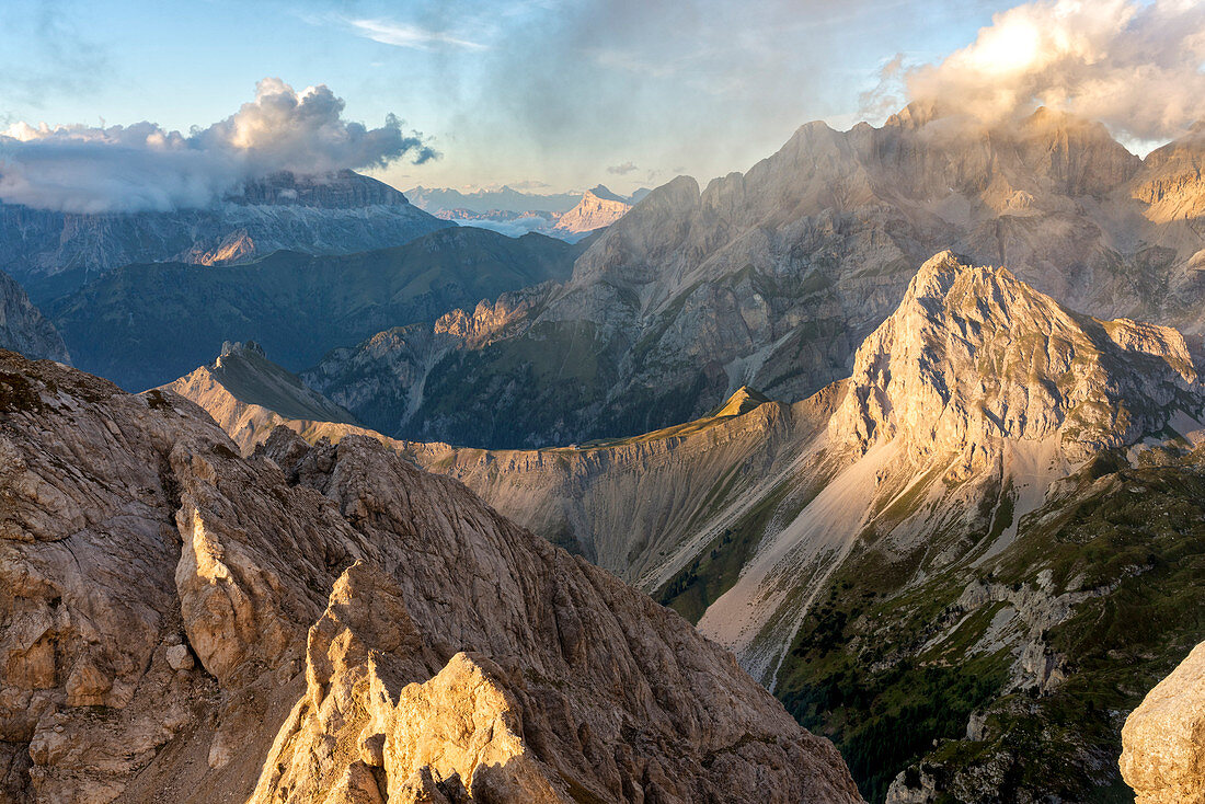 Alta Via Bepi Zac, sunset on Dolomites, Veneto, Italy, Europe