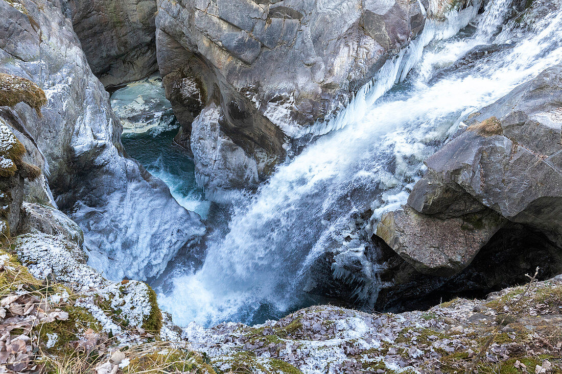 Waterfall of Mallero Gorge in winter, Valmalenco, Valtellina, Lombardy, Italy, Europe