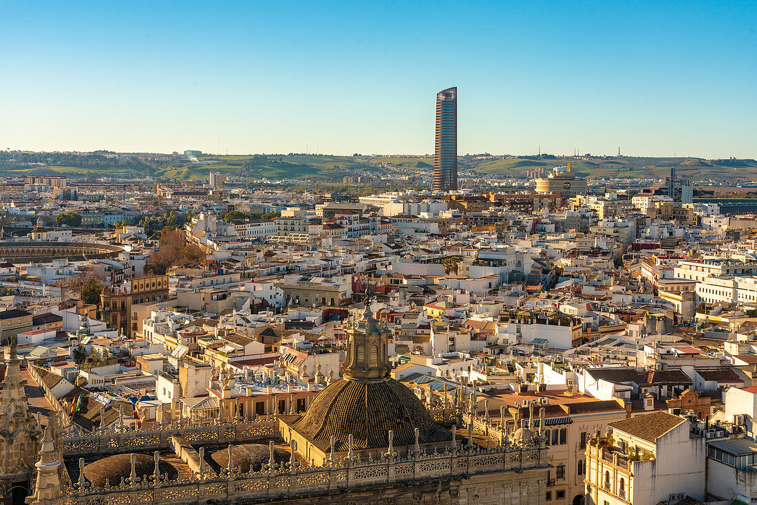 Ansicht des historischen Zentrums von Sevilla mit Torre Sevilla (Turm von Sevilla) im Hintergrund, Sevilla, Andalusien, Spanien, Europa