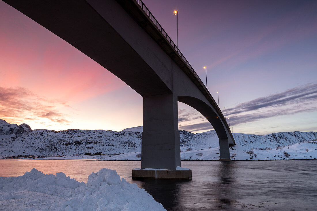 Fredvang Bridge at night, Lofoten, Arctic, Norway, Europe