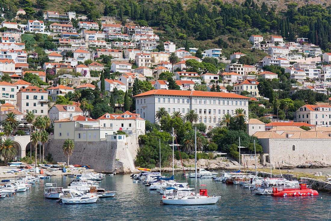 Blick über den alten Hafen, Stara Luka, Häuser an steilen Hügeln, Dubrovnik, Dubrovnik-Neretva, Dalmatien, Kroatien, Europa