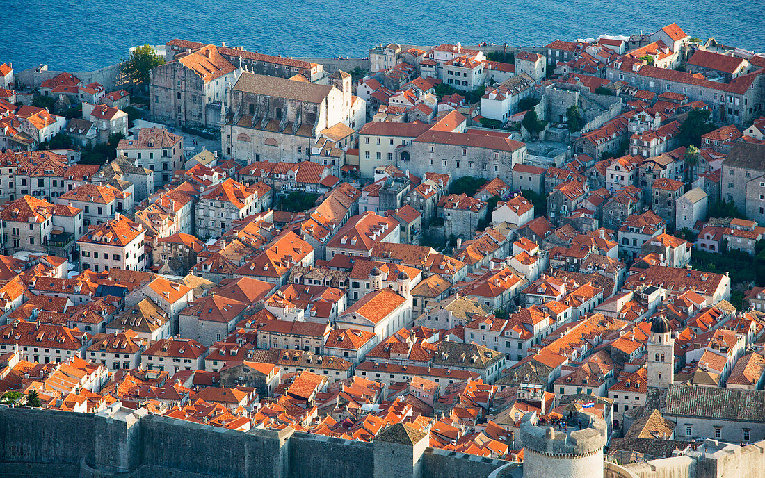 View over the tiled rooftops of the Old Town (Stari Grad), UNESCO World Heritage Site, from Mount Srd, Dubrovnik, Dubrovnik-Neretva, Dalmatia, Croatia, Europe