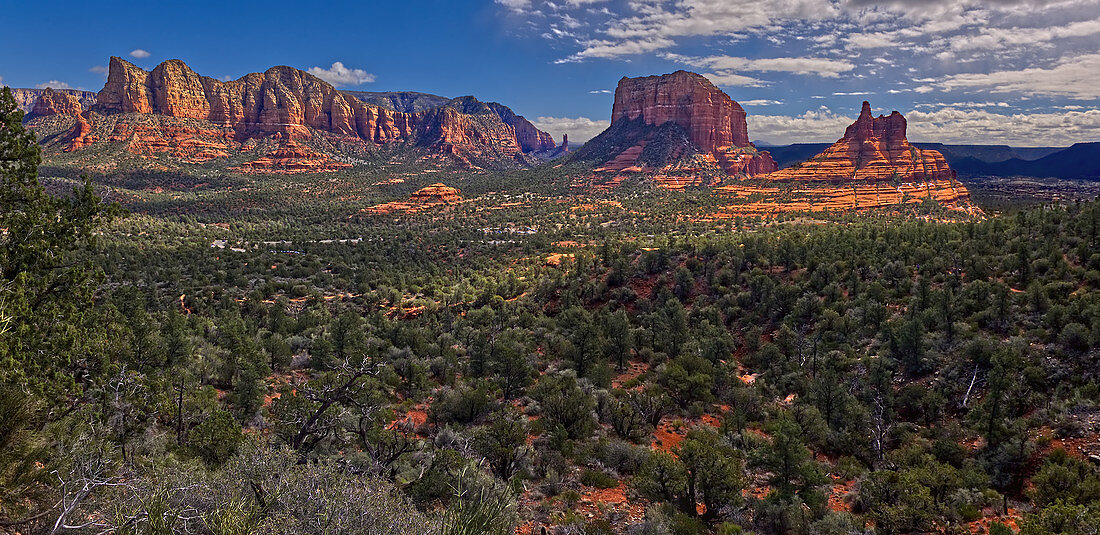 Panorama of Bell Rock, Courthouse Butte, and Lee Mountain, viewed from the HiLine Trail, composed of three photos, Arizona, United States of America, North America
