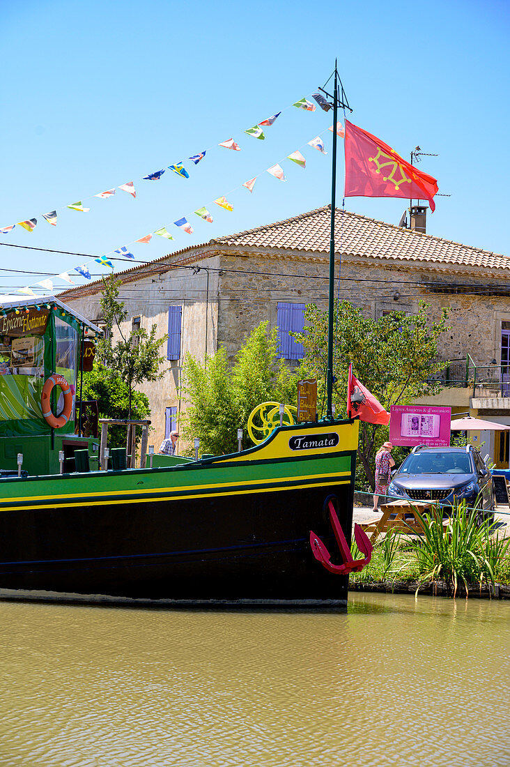 Boats in Le Somail on the Canal du Midi, Occitania, France