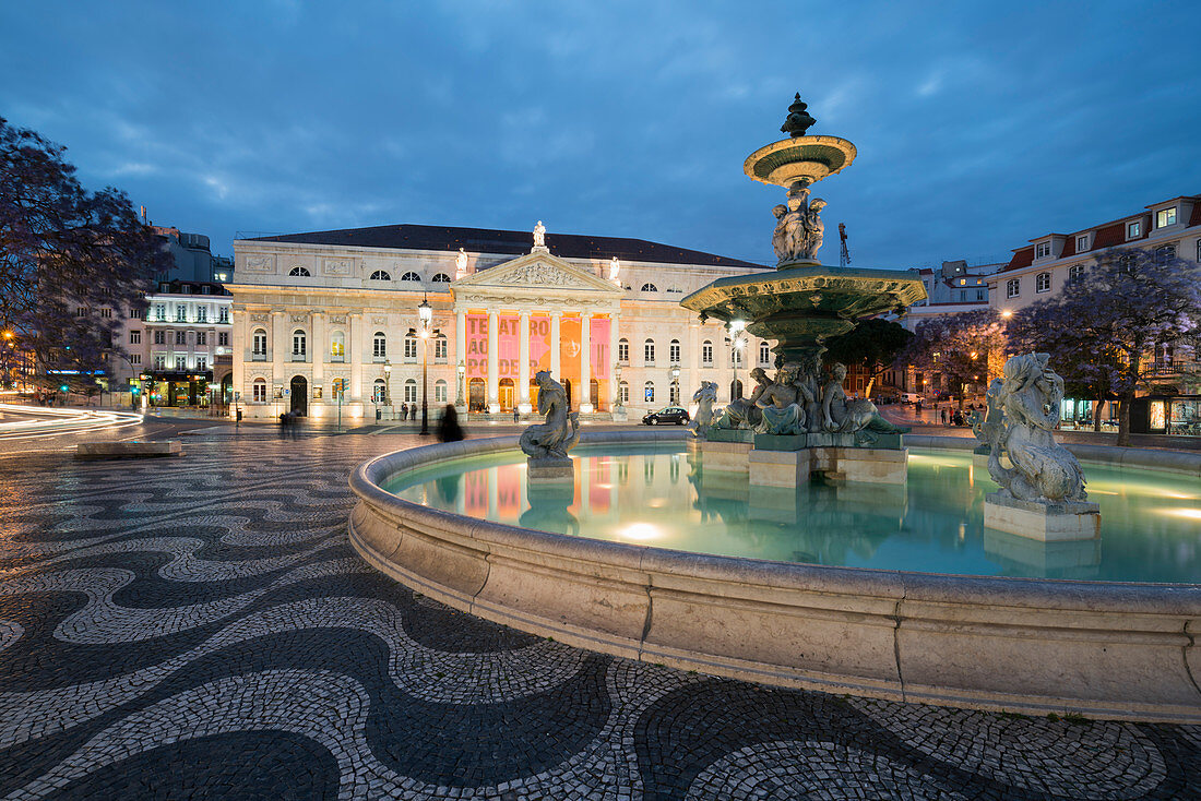 Fountain in front of the Teatro Nacional D. Maria II, Praca Rossio, Lisbon, Portugal