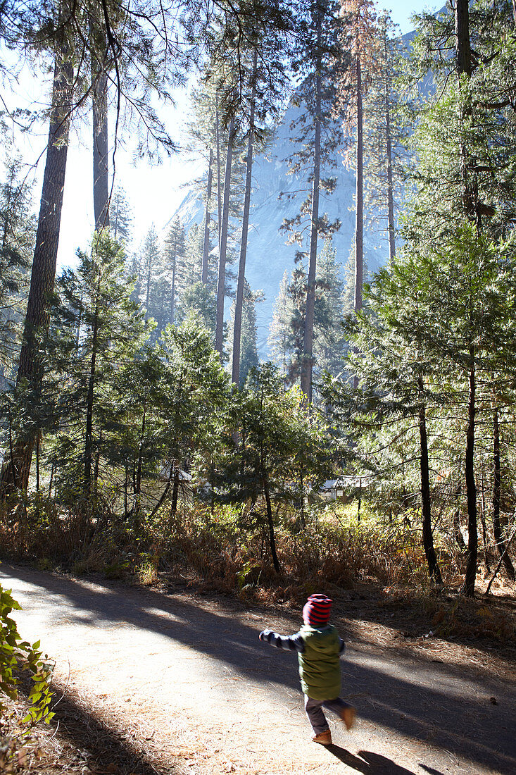 Child runs a hiking trail in Yosemite Park. California, United States.