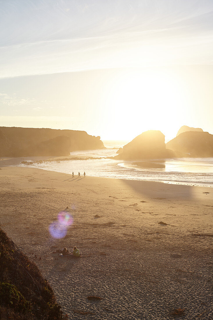 Last visitors at sunset on Big Sur beach. California, United States
