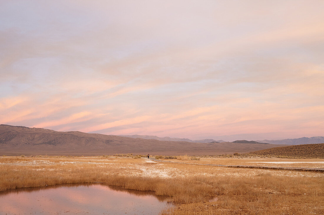 Walkers in steppe landscape at dusk in the Eastern Sierra, California, USA