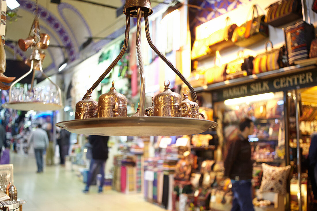 Tray with golden jugs on the Grand Bazaar, Capali Carsi, in Istanbul, Turkey