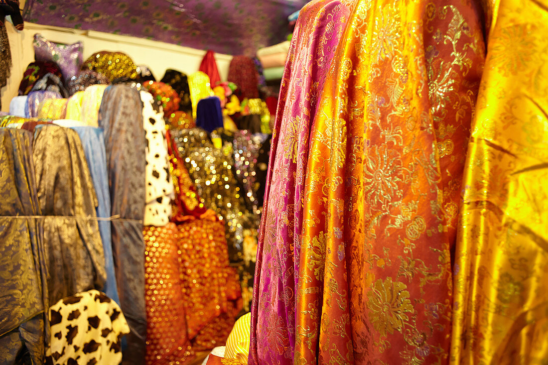 Fabrics for sale in the Grand Bazaar, Capali Carsi, in Istanbul, Turkey