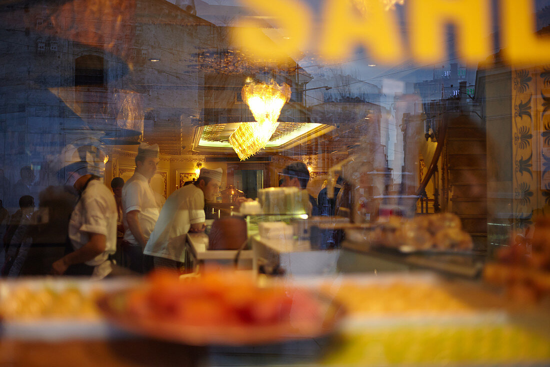 Looking through the window of a restaurant in Istanbul, Turkey