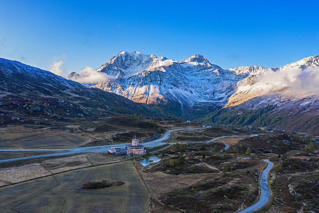 Early morning aerial view of the Simplon Pass with Fletschhorn, Valais, Switzerland