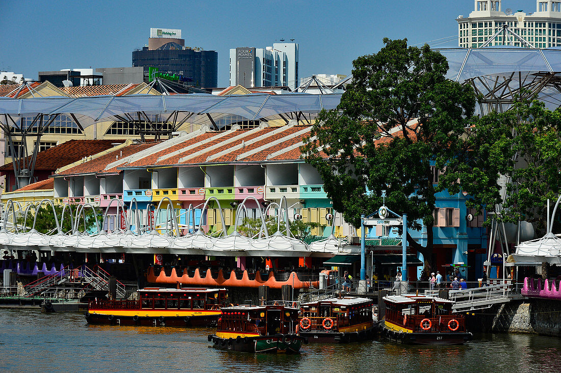 View of boats, hotels and restaurants on Clarke Quay, Singapore