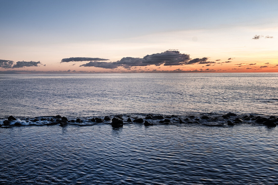 View of the Atlantic Ocean on the coast of El Remo at sunset, La Palma, Canary Islands, Spain, Europe