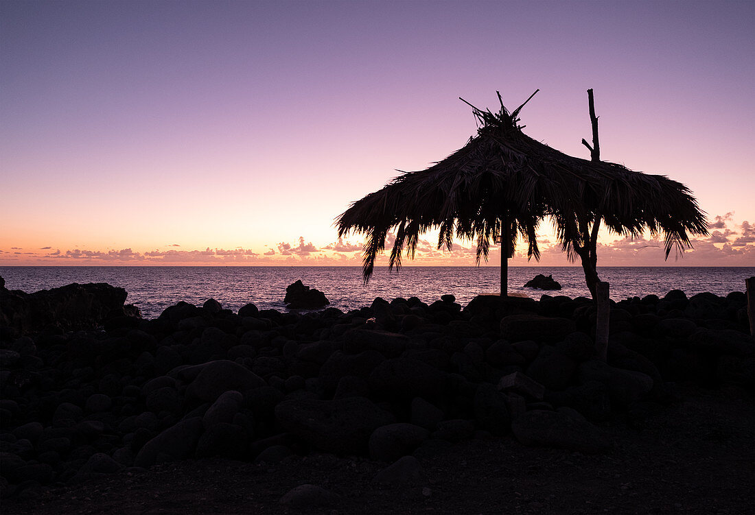 Palmenschirm mit Blick auf den Atlantik bei Sonnenuntergang in la Bombilla, La Palma, Kanarische Inseln, Spanien, Europa