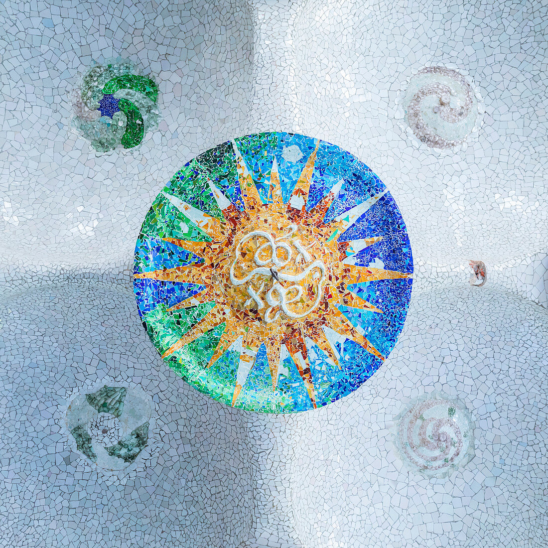 Mosaic on the ceiling of Sala Hipostila in Park Guell, Barcelona
