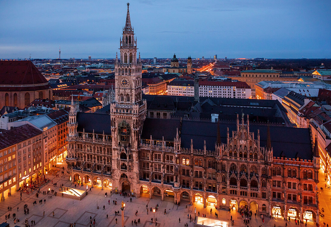 City hall and Marienplatz of the city of Munich from above in the evening