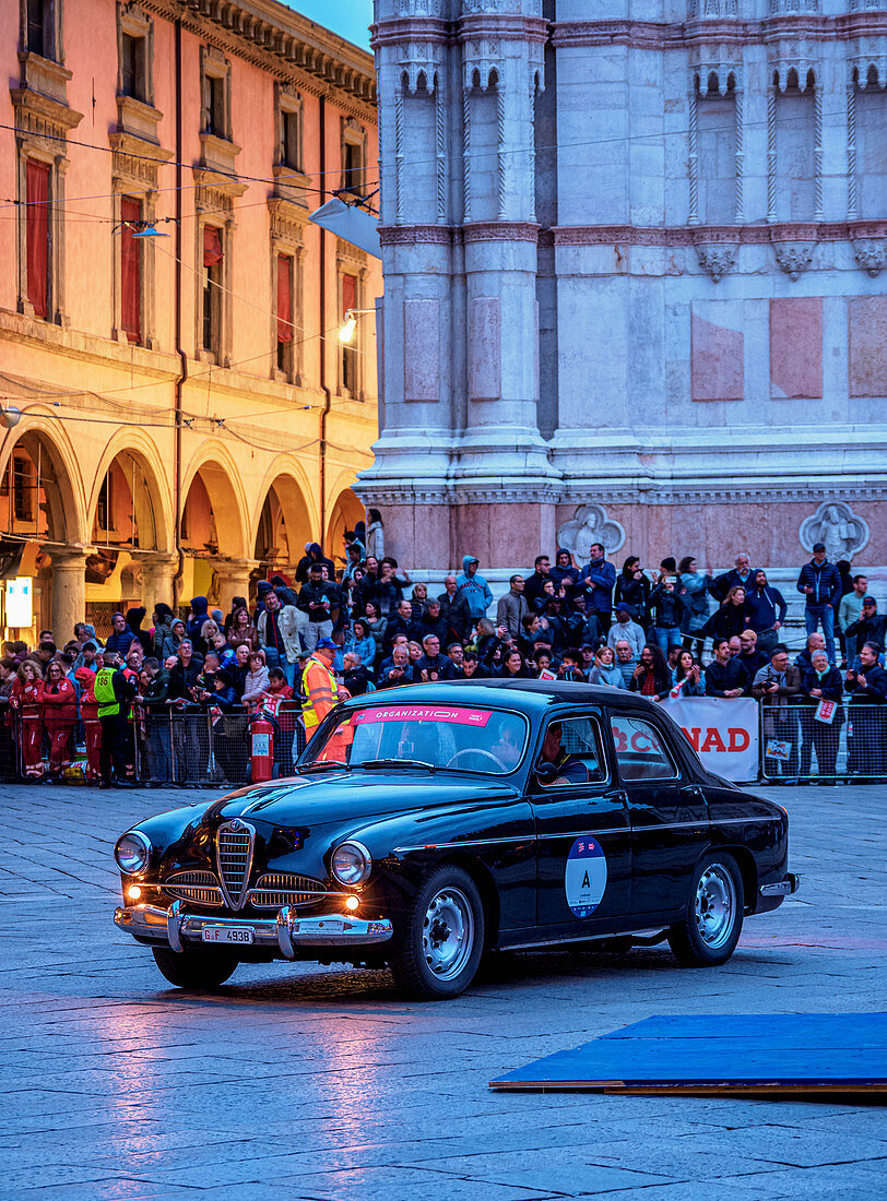 Alfa Romeo vintage car, 1000 Miglia, at Piazza Maggiore, Bologna, Emilia-Romagna, Italy, Europe