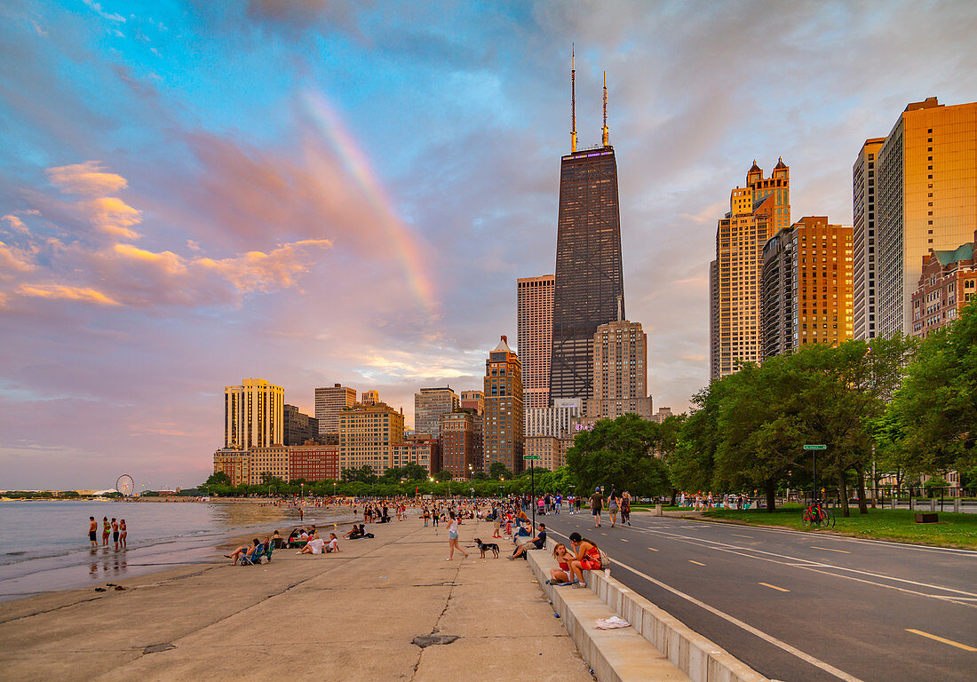 View of Chicago skyline and rainbow from North Shore, Chicago, Illinois, United States of America, North America