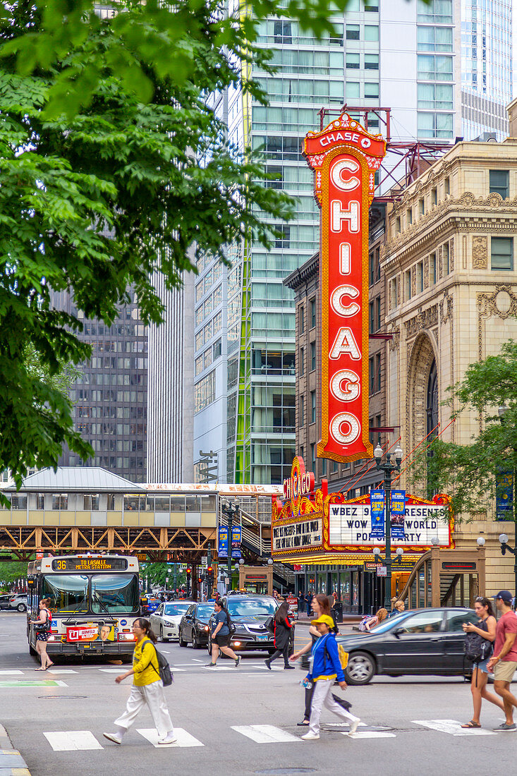 View of The Chicago Theatre and traffic on North State Street, Chicago, Illinois, United States of America, North America