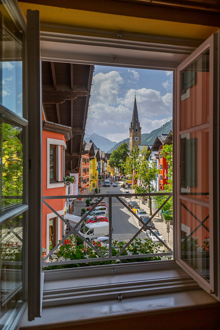 View of colourful buildings on Vordastadt from hotel window, Kitzbuhel, Tyrol, Austria, Europe