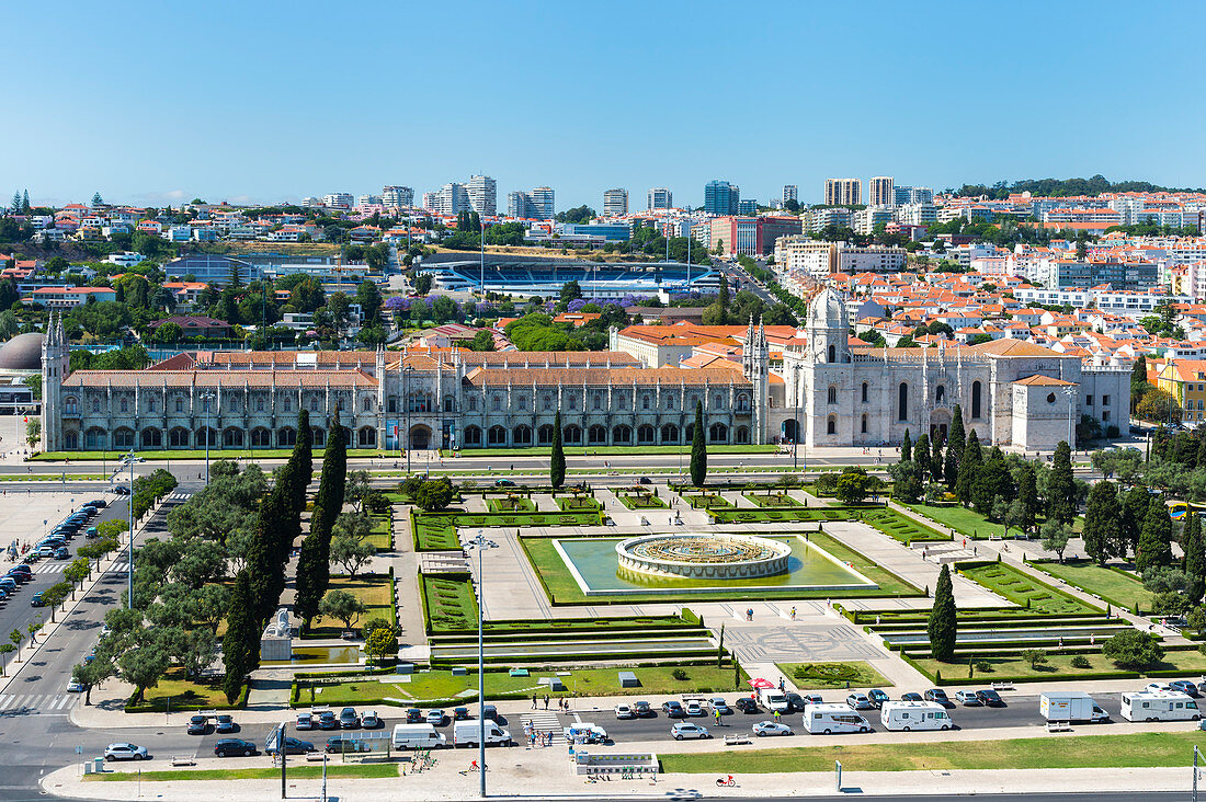 Aerial view of the Mosteiro dos Jeronimos (Monastery of the Hieronymites), UNESCO World Heritage Site, Belem, Lisbon, Portugal, Europe