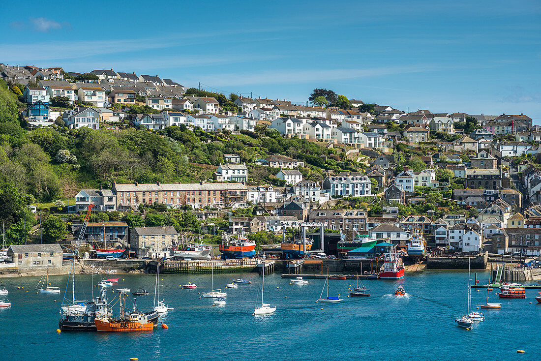 The small coastal town of Fowey with hillside houses, Cornwall, England, United Kingdom, Europe