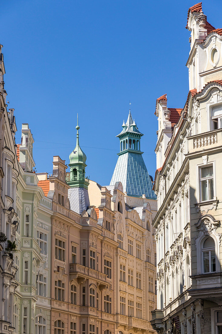 Facades of Art Nouveau buildings in the Josefov quarter in the old town, UNESCO World Heritage Site, Prague, Bohemia, Czech Republic, Europe