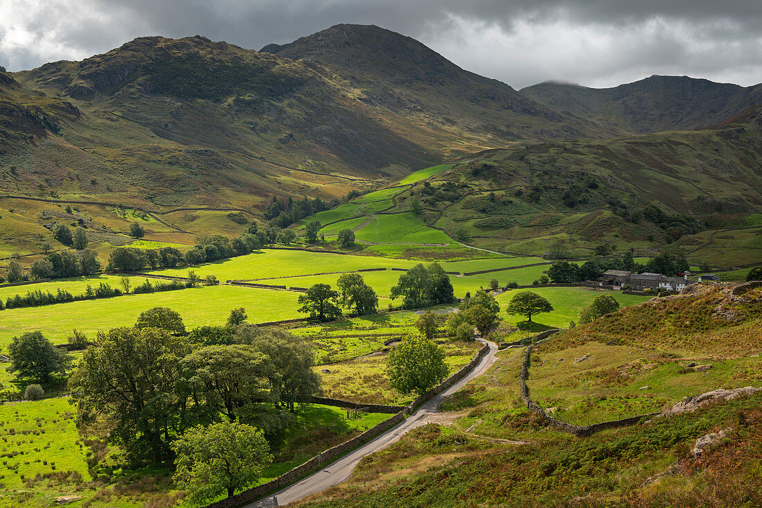 Rolling farmland and mountains in Little Langdale, Lake District National Park, UNESCO World Heritage Site, Cumbria, England, United Kingdom, Europe