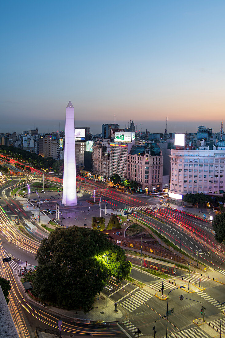 Light trails on 9 de Julio Avenue, Buenos Aires, Argentina, South America
