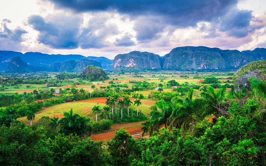 View of Vinales Valley at sunset, UNESCO World Heritage Site, Pinar del Rio Province, Cuba, West Indies, Caribbean, Central America