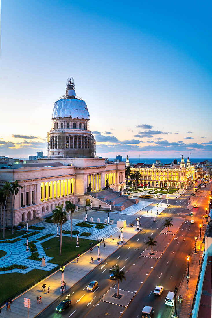 Aerial view the Gran Teatro de La Habana and El Capitolio at dusk, UNESCO World Heritage Site, Havana, Cuba, West Indies, Caribbean, Central America