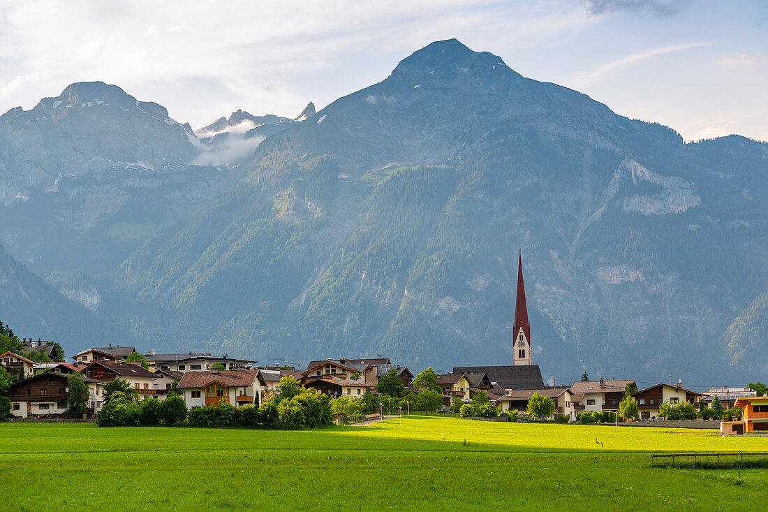 View of village Church in the Tuxertal valley, Mayrhofen, Zillertal Valley, Tyrol, Austria, Europe