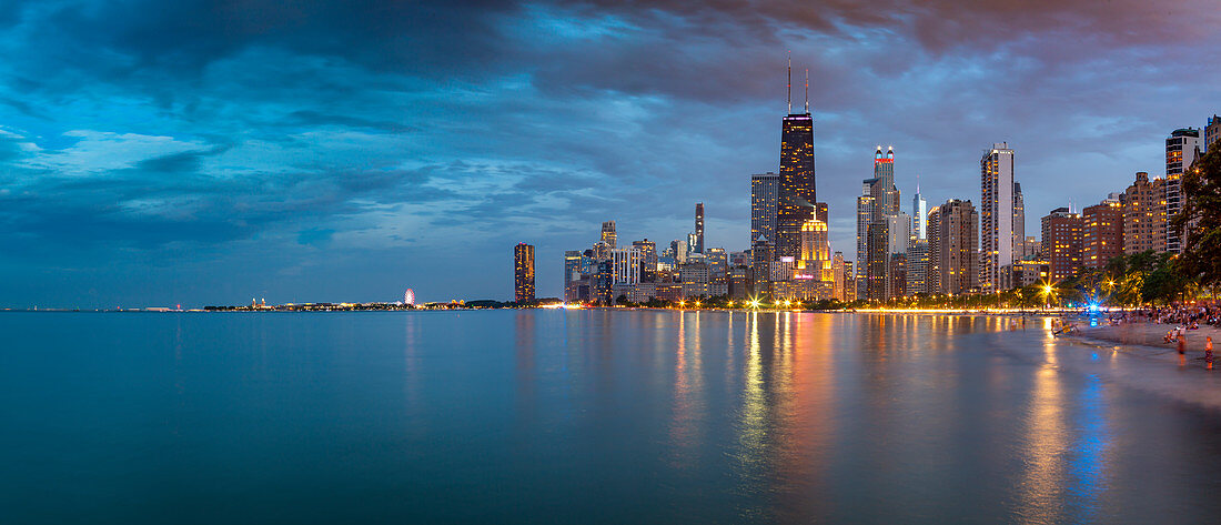 View of Chicago skyline at dusk from North Shore, Chicago, Illinois, United States of America, North America