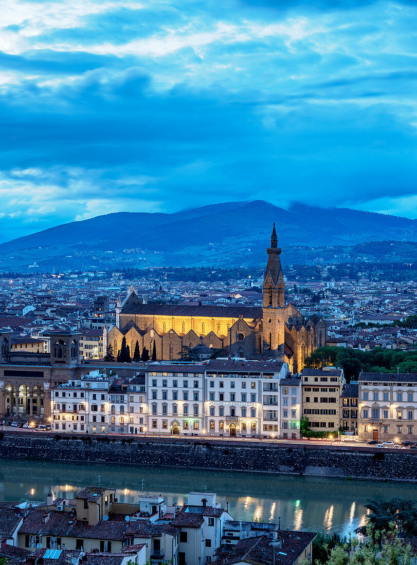 Basilica of Santa Croce at dusk, elevated view, Florence, UNESCO World Heritage Site, Tuscany, Italy, Europe