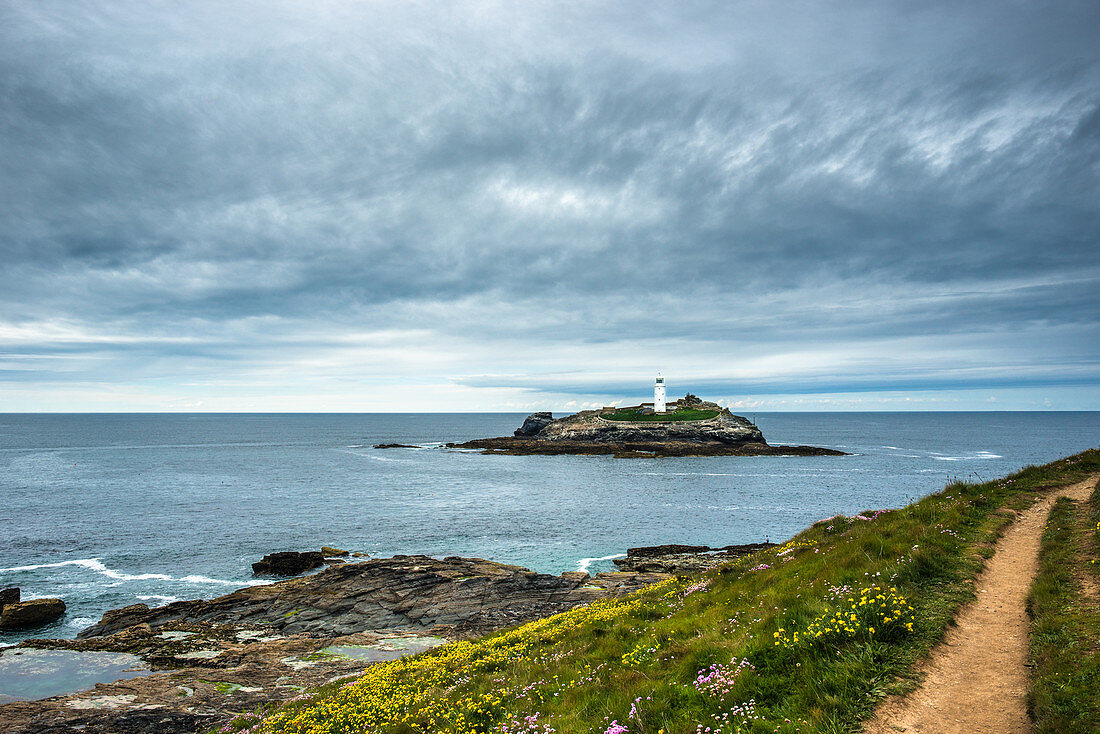 Godrevy Lighthouse on Godrevy Island in St. Ives Bay, Cornwall, England, United Kingdom, Europe