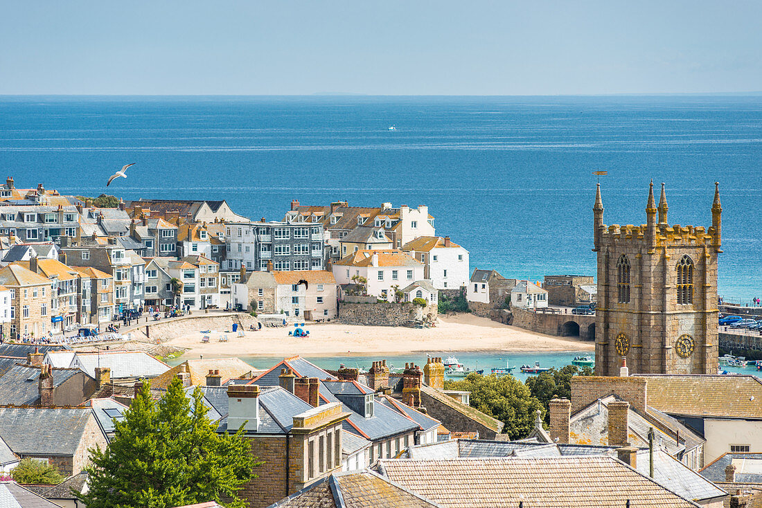 Elevated views over rooftops of St. Ives in Cornwall, England, United Kingdom, Europe