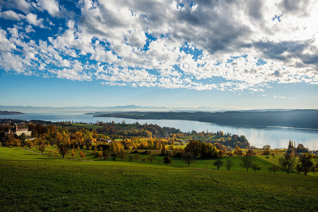 View over Lake Constance in autumn, in front Spetzgart Castle, in the back Alpine chain, near Überlingen, Lake Constance, Baden-Württemberg, Germany