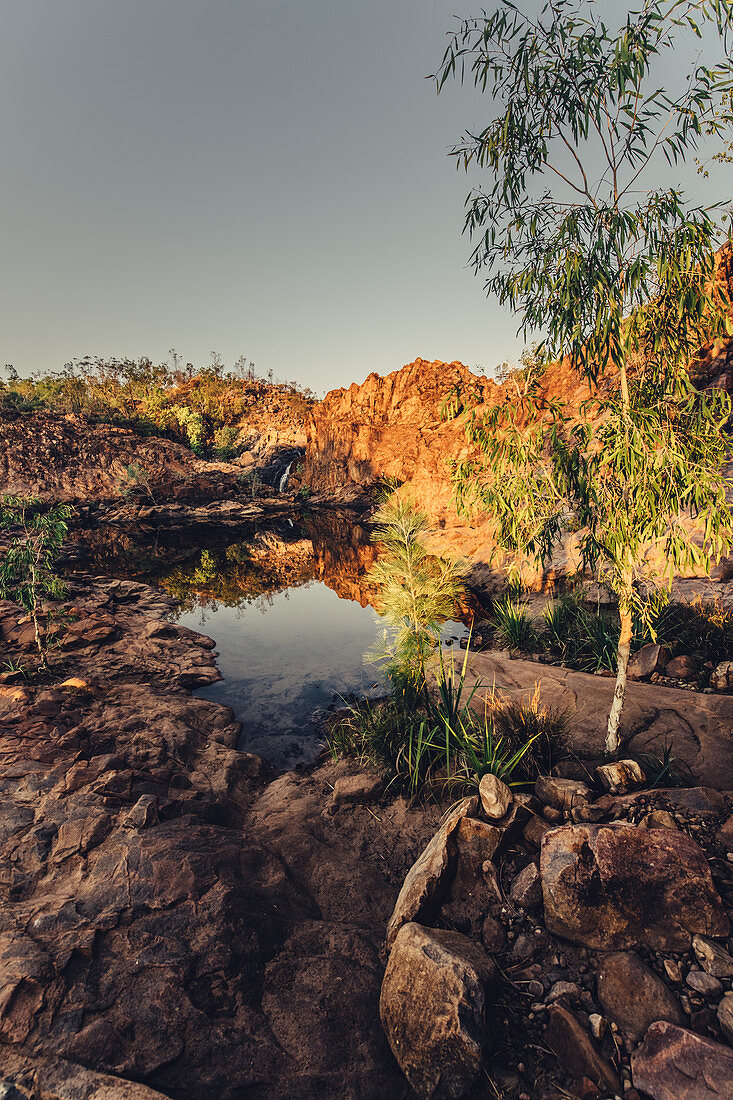 Edith Falls in Nitmiluk National Park; Kathrine; Northern Territory; Australia; Oceania; Waterfall at sunset; In the middle of the outback in Australia;