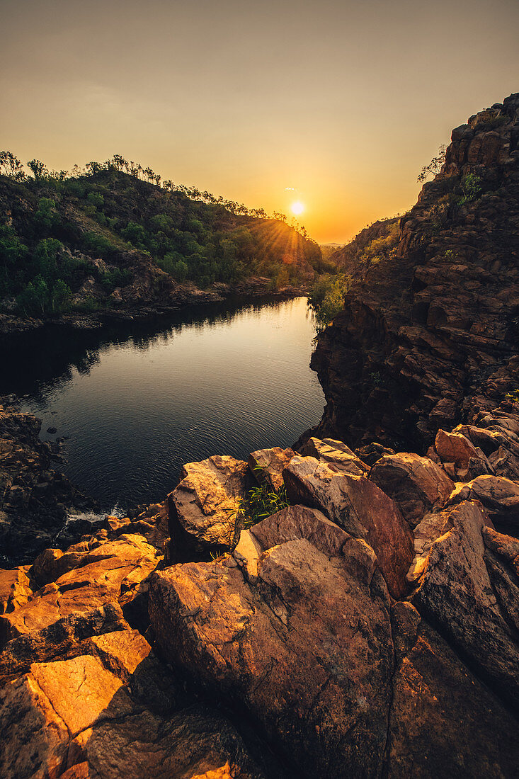 Edith Falls in Nitmiluk National Park; Kathrine; Northern Territory; Australia; Oceania; Waterfall at sunset; In the middle of the outback in Australia;