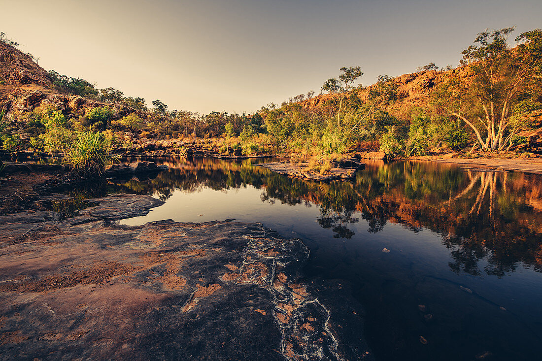 Sunrise and reflection at Bell Gorge with the waterfall in the Kimberley region in Western Australia, Australia, Oceania