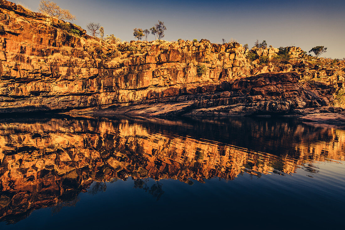 Sunrise and reflection at Bell Gorge with the waterfall in the Kimberley region in Western Australia, Australia, Oceania