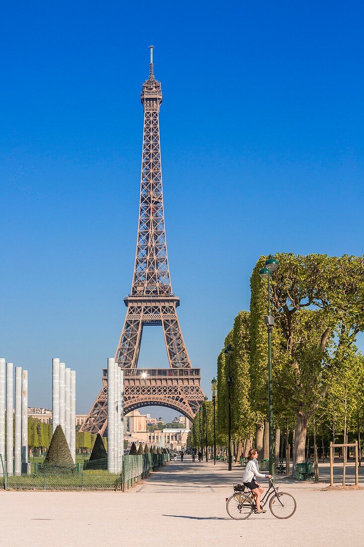 France, Paris, area listed as World Heritage by UNESCO, the Champ de Mars, the Wall of Peace and the Eiffel Tower